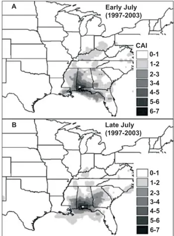 FIG. 1 - Computer simulation of historical weather data (1997- (1997-2003) for potential deposition areas for   3KDNRSVRUDSDFK\UKL]L during  two 15-day period in the month of July (A and B) produced  from southeastern Alabama if a large amount of spores is