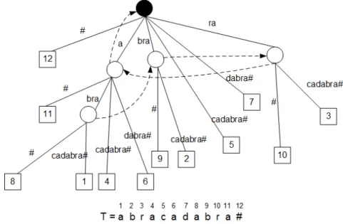Figure 2.1 shows an example of a Suffix Tree for the text T = abracadabra# , with the leafs represented as squares and numbered following the position where the respective path-label starts in T 