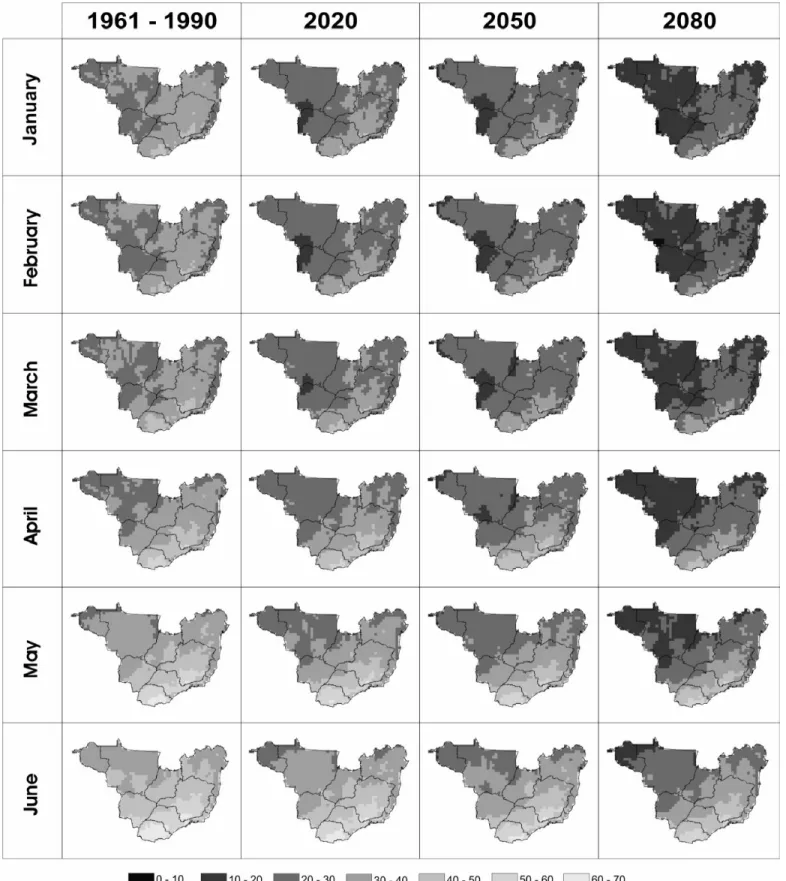 Figure  2.  Maps  of  Hemileia  vastatrix  incubation  periods  (days)  in  coffee  plants  from  January  to  June  for  the  climatological  normal  from  1961-1990  and future  climates  (2020,  2050,  and  2080)  in  scenario A2.