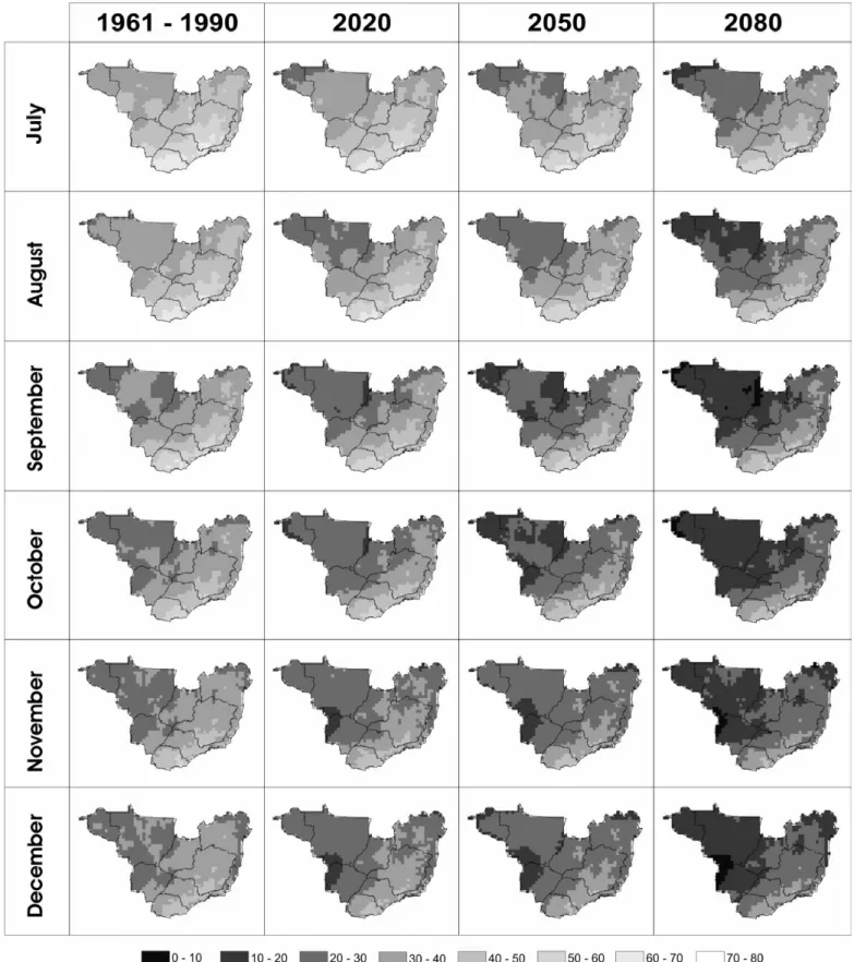 Figure  3.  Maps  of  Hemileia  vastatrix  incubation  periods  (days)  in  coffee  plants  from  July  to  December  for  the  climatological  normal  from  1961-1990 and  future  climates  (2020,  2050,  and  2080)  in  scenario A2.