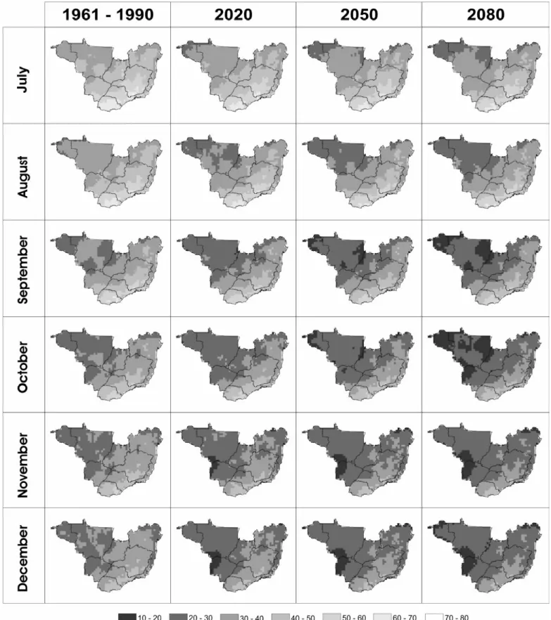 Figure  5.  Maps  of  Hemileia  vastatrix  incubation  periods  (days)  in  coffee  plants  from  July  to  December  for  the  climatological  normal  from  1961-1990 and  future  climates  (2020,  2050,  and  2080)  in  scenario  B1.