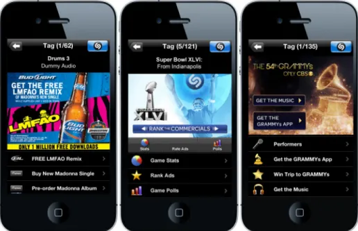 Figure 1 - Examples of Shazam extra content presented during big live TV shows.