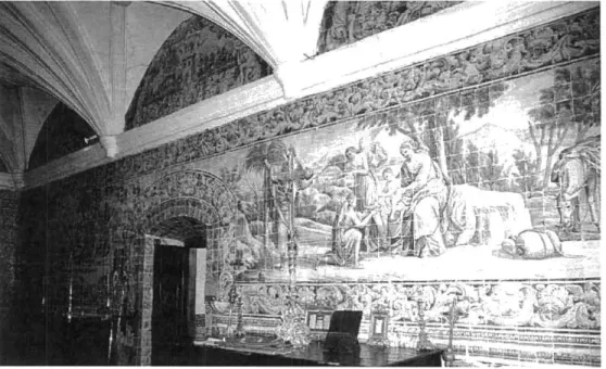 Fig. 44 - Sacristia da Sé de Portalegre. Painéis de azulejos narrando a &#34;'Fuga para o Egipto'&#34; ( 1 .a