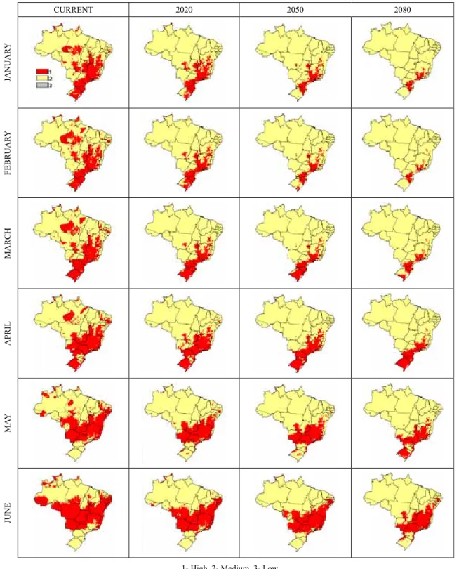 Figure 3. Distribution of risk areas for the occurrence of eucalyptus rust, considering the months of January to June, in the current period (average from 1961 to  1990) and in the future (2020, 2050 and 2080) for scenario B2.