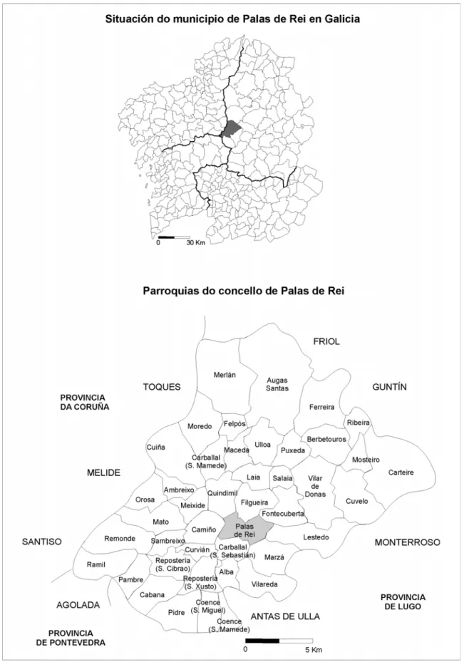 MAPA 6: SITUACIÓN DO MUNICIPIO DE PALAS DE REI EN GALICIA e  PARROQUIAS DO CONCELLO DE PALAS DE REI 