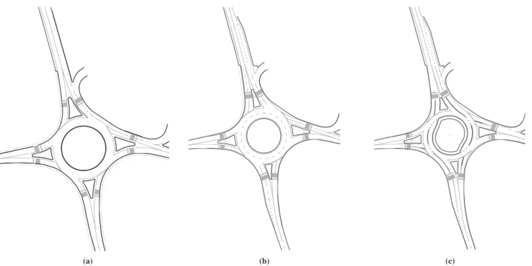 FIGURE 2    Choupal roundabout in Coimbra: (a) existing roundabout layout, (b) proposed two-lane roundabout layout, and (c) turboroundabout  layout (north is toward top).