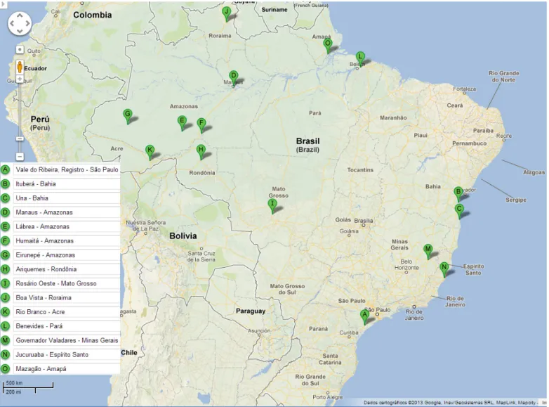 Figure 1. Places of M. ulei isolates collection in Brazil by Chee et al. (4), Junqueira et al