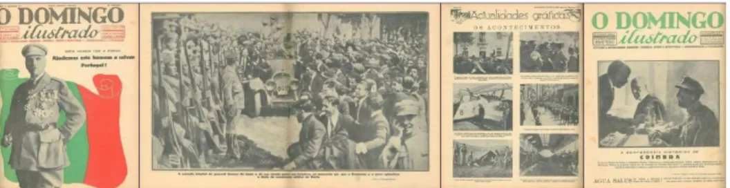 Fig. 28-31.Reportagem fotográfica sobre o 28 de Maio de 1926, capa, interior e contracapa de O Domingo Ilustrado, n.º 73, Lisboa,  6 de Junho de 1926