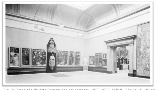 Fig. 3: Exposição de Arte Portuguesa em Londres, 1955-1956. Sala II - Século 15 «Nuno  Gonçalves», com o retábulo de São Vicente de Fora