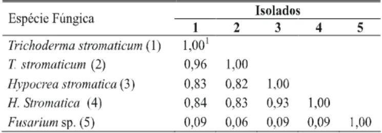 TABELA 1 - Matriz de similaridades genéticas entre dois isolados de Trichoderma stromaticum, dois de  Hypocrea stromatica e um de Fusarium sp