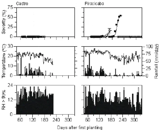 FIG. 1 - Progress curves of southern rust of maize (Zea mays), average temperatures, rainfall (mm) and number of daily hours of leaf wetness (RH>90%) in Castro and Piracicaba, in different planting times in 1995-1996