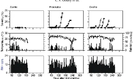 FIG. 2 - Progress curves of southern rust of maize (Zea mays), average temperatures, rainfall (mm) and number of daily hours of leaf wetness (RH>90%) in Castro, Piracicaba and Guaíra, in different planting times in 96/97