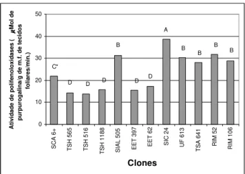 FIG. 2 - Médias da atividade de polifenoloxidases em tecidos foliares de 12 clones de cacau (Theobroma cacao)