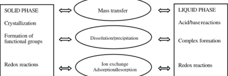 Figure 1 - Types of interactions within and between solid and solution phases in soil systems (Mattigod &amp; Page, 1983).