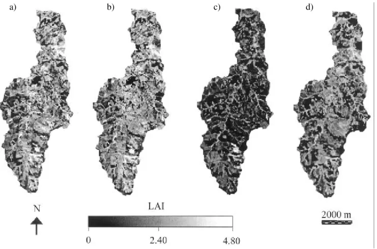 Figure 8 - Leaf Area Index maps for the studied area, generated by relationships between Leaf Area Index (LAI) and Normalized Difference Vegetation Index (NDVI) for: January (a); March (b); August (c); and November (d).