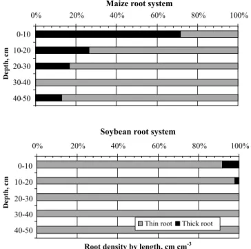 Figure 2 - Contribution of thick roots (diameter &gt; 0.12 cm) and thin roots (diameter  ≤  0.12 cm) in the maize and soybean root systems.0% 20% 40% 60% 80% 100%0-1010-2020-3030-4040-50Depth,cm