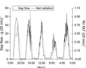Figure 5 - Variation of sap flow of a ‘Tahiti’ acid lime plant and of net radiation measured above the orchard from 337 th  to the 341 th   day of the year.