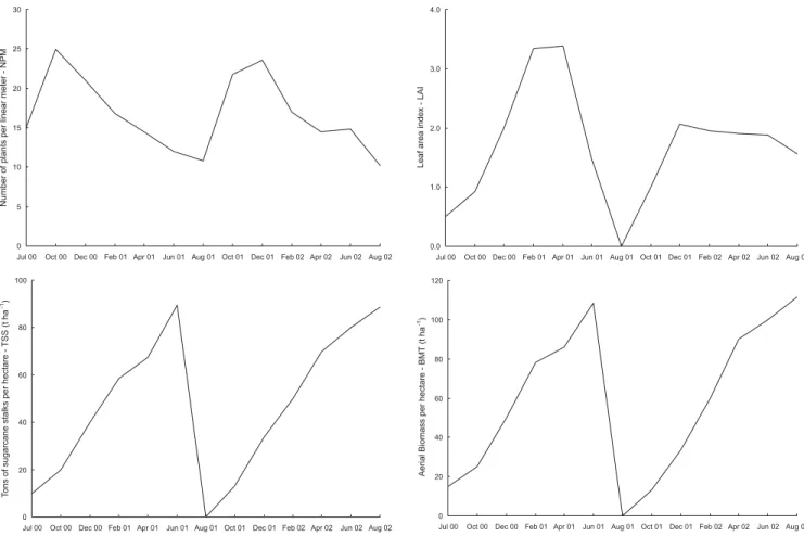 Figure 2 - Temporal evolution for total biomass (BMT), productivity (TSS), number of plants per meter (NPM), and leaf area index (LAI) (mean data of 18 samples) of variety SP80-1842 in the 2000/2001 and 2001/2002 cropping seasons.