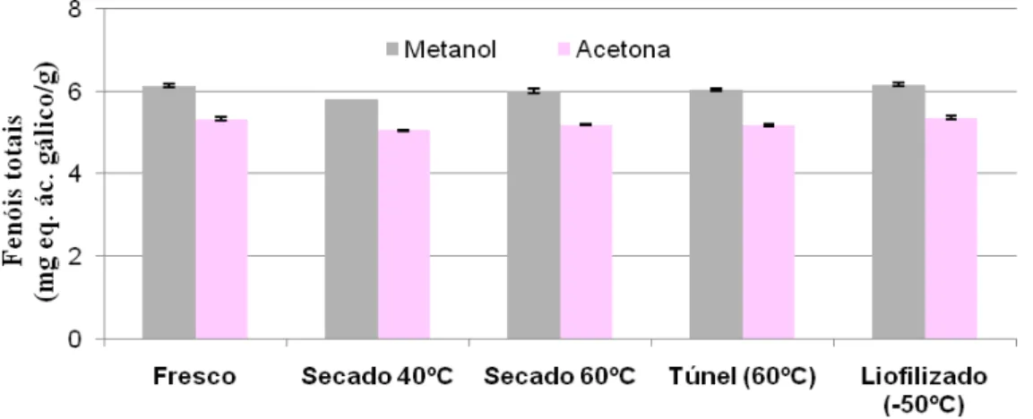 Figura 2. Compostos fenólicos do pepino (fresco e após secagens) com extracções de metanol e acetona