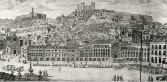 Figura 9. O Rossio antes do Terramoto de 1755, segundo a “visão” de Zuzarte (1787): no lado oriental  dessa  praça,  da  esquerda  para  a  direita,  as  fachadas  da  Ermida  de  Nª  Srª  da  Escada  e  da  Igreja  de  S