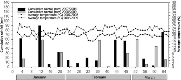 Figure  2.  Daily  cumulative  rainfall  data,  average  temperature  observed  during  the  period  between  January  10,  2006,  and  March  14,  2007  (2006/08 crop  season),  and  January  10,  2007,  and  March  14,  2008  (2007/08  crop  season),  at