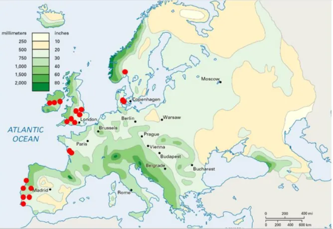 Figure 3.1 – Europe precipitation map with the roads under study 2 . Each dot corresponds to one  road  