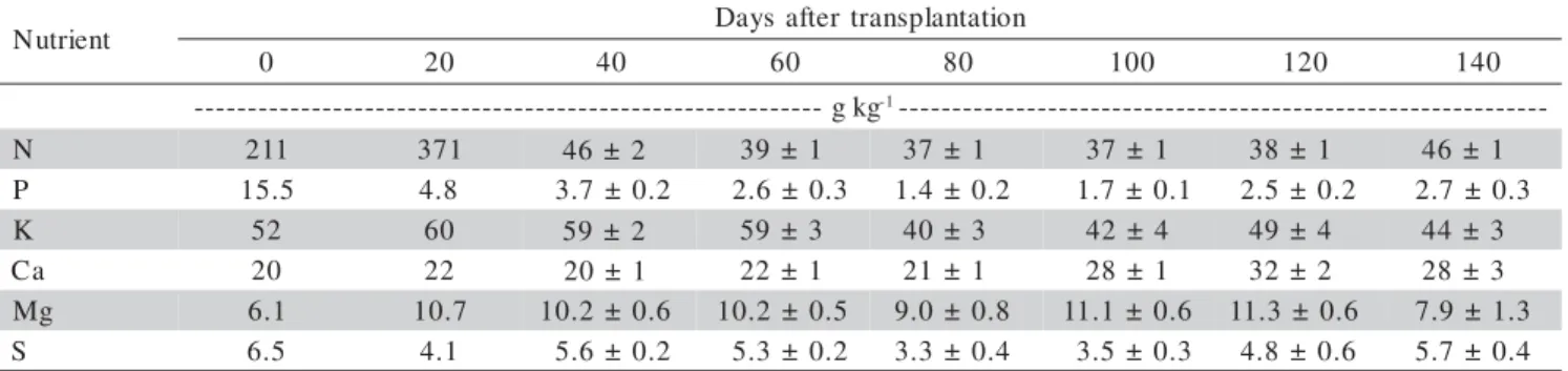 Table 5 - Concentration of nutrients in leaves (mean ± SE), according to the cycle of fertigated sweet pepper.