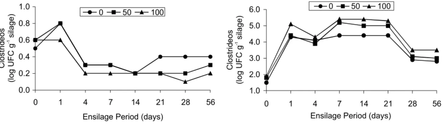 Figure 6 - Occurrence of lactobacilli during fermentation of Marandu-grass silages with 0, 50 and 100 g kg -1  pelleted citric pulp.0.00.20.40.60.81.0014714212856
