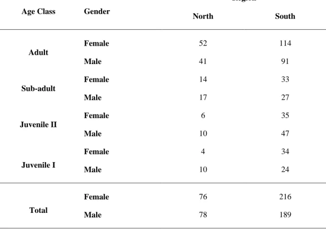 Table  2.1.  Number  of  Egyptian  mongoose  samples  obtained  in  each  study  region  (north  and south of Tagus River), by age class and gender