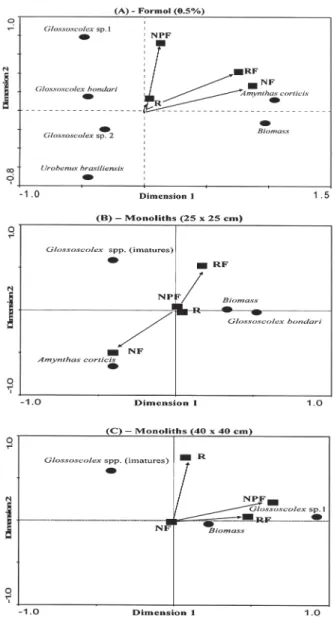 Figure 4 - Dendrogram obtained by cluster analysis, discriminating by “Euclidean Distance” the four sample sites using the large (40 × 40 cm) monolith (TSBF) earthworm collection method