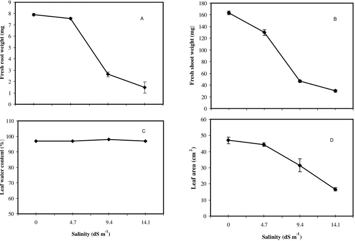 Figure 2 - Salinity effects on fresh root weight (A) fresh shoot weight (B) leaf water content (C) and leaf area (D) at various NaCl concentrations for radish ( Raphanus sativus L.)