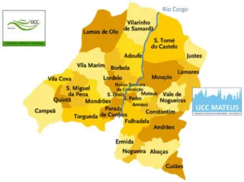 Figura 4. Concelho de Vila Real e delimitação da área geográfica da UCC Mateus  (adaptado - http://geneall.net/images/maps/map_271.gif) 