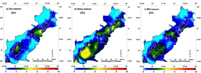 Figure 5 - Maps of probable risk index (PRI), at 25% of probability, for potato late blight in Andes region, Venezuela, for dry, rainy, and mid seasons.