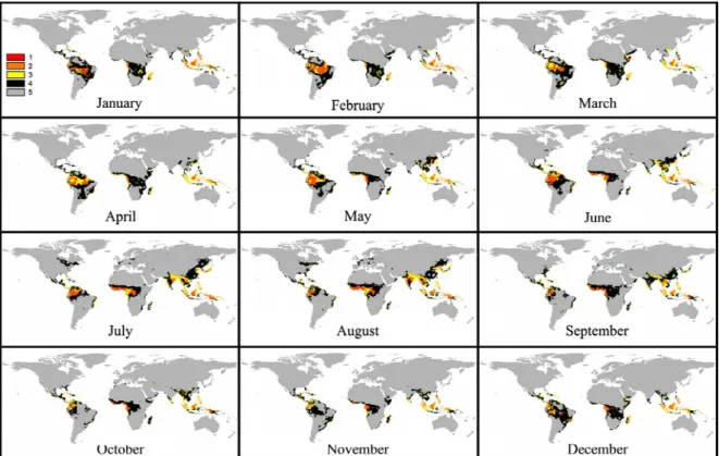 Figure 5 - Maps representing future worldwide spatial distribution of the classes of favorability for Black Sigatoka (BS), predicted by the use of the “multimodel emsemble”, for January to December, for the decade of 2050 (B2 scenario), where Class 1: high