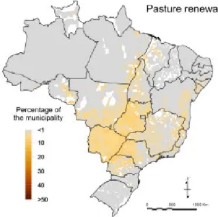 Figure 1 - Total, cultivated and natural pasture distribution in Brazil in relation to the municipal areas (1995/96 Census of agriculture, source IBGE, 1998).
