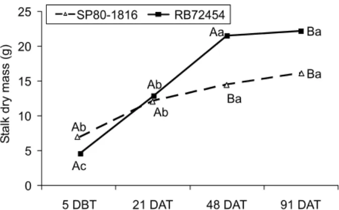 Figure 4 - Comparison of sugarcane cultivars over time (water restriction experiment)