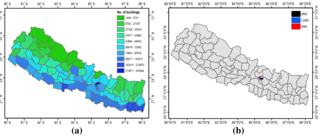 Fig. 4 a Distribution of buildings in Nepal and b Location of case study Municipalities in Kathmandu Valley
