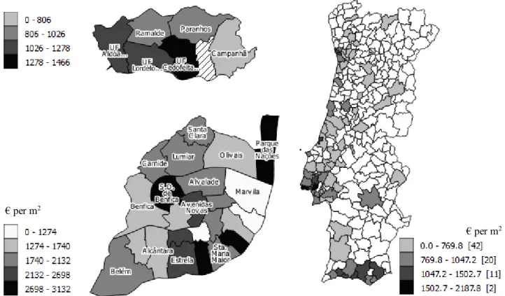 Figure 5 – Sales price in € per m 2 , in the 1 st  quarter of 2015, in continental Portugal (on the right), Porto (on the upper-left) and  Lisbon (on the lower-left)