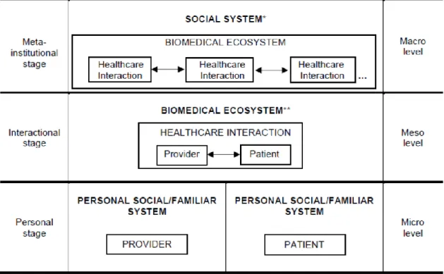 Figure  1  –  Material-semiotic  stages  involved  in  valuations  of  healthcare  in  a  given  social  system of ideas (*includes other socially organized ecosystems; **includes other institutionally  organized healthcare-related interactions)  
