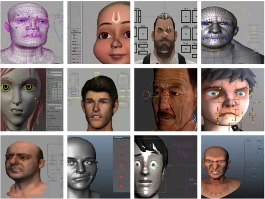 Figure  1.2:  Examples  of  several  disparate  character  facial  rigging  approaches  developed  recently  by  3D  digital  artists  (from  2007  until  2013);  top  row  left to  right:  [Georgiev  2007,  Avendra  2008,  Cheung  2009,  Labs  2010];  mid