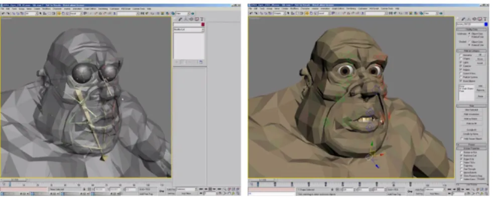 Figure 2.18: Web-shaped facial bone structure approach by [Neale 2008]; left: x-ray view of  the underlying bones; right: the viewport control gizmos