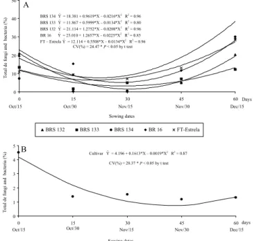 Figure 5 - Total of fungi and bacteria, percentages, obtained for the seed health test of seeds of five soybean cultivars, for five sowing dates, during the 1998/99 (A) and 1999/