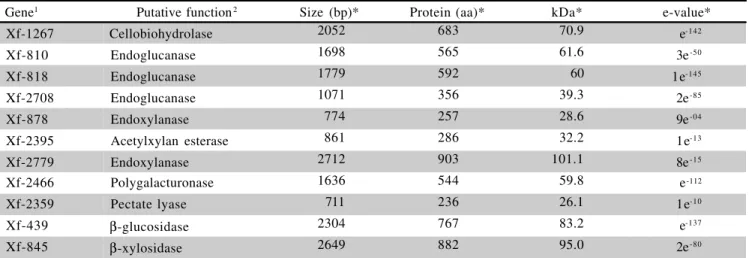 Table 1 - Putative genes of Xylella fastidiosa related to plant cell wall degrading enzymes (PCWDE).