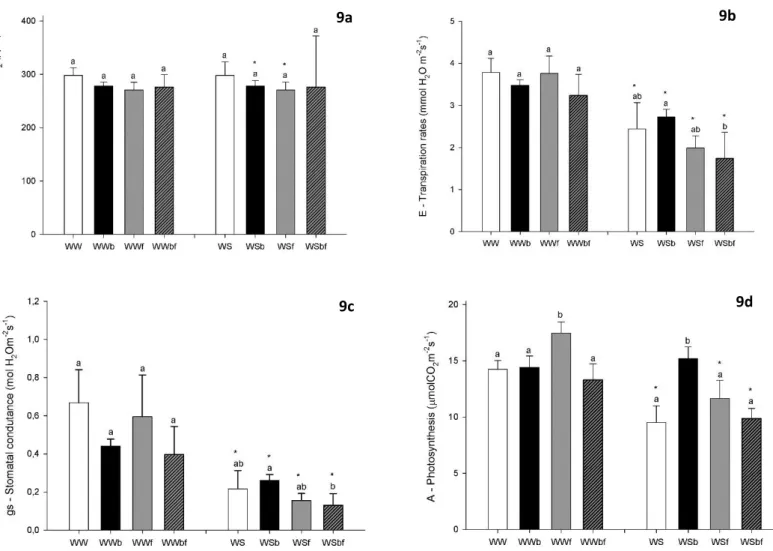 Figure 9 - Gas Exchanges Rates: Internal Concentration of CO2 (Ci) – 9a, Transpiration (E) – 9b, Stomatal Conductance  (gs)  –  9c  and    Photosynthesis  (A)  –  9d    in  Well-Watered  (80%  of  Field  Capacity)  and  Water  Stressed  (30%  of  Field  Ca