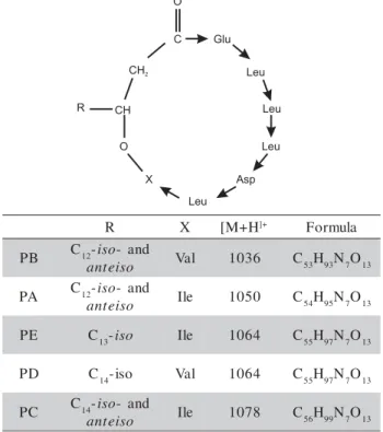 Figure 4 - Structure and mass data of lipopeptides pumilacidins.