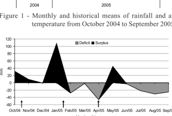 Figure 1 - Monthly and historical means of rainfall and air temperature from October 2004 to September 2005.