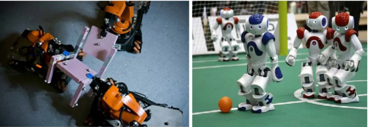 Figura 2 – Cooperação e coordenação entre robôs [MIT, 2015]: a) Montagem de uma cadeira e b) Futebol  Robótico [Rule Book, 2018]