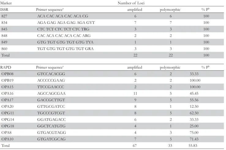 Table 1 – Primer sequence and number of  loci amplified and polymorphic in 11 strawberry cultivars.