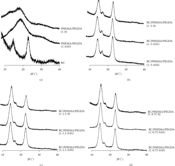 Figure 6: X-ray diffractograms of the nanocomposite films, polymers (with and without cross-linker), and BC.
