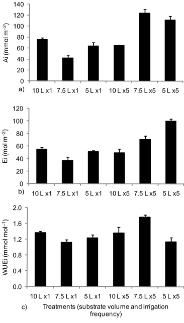 Figure 1 – Stomatal conductance of tomato plants subjected to variation of substrate volume and irrigation frequency under greenhouse conditions